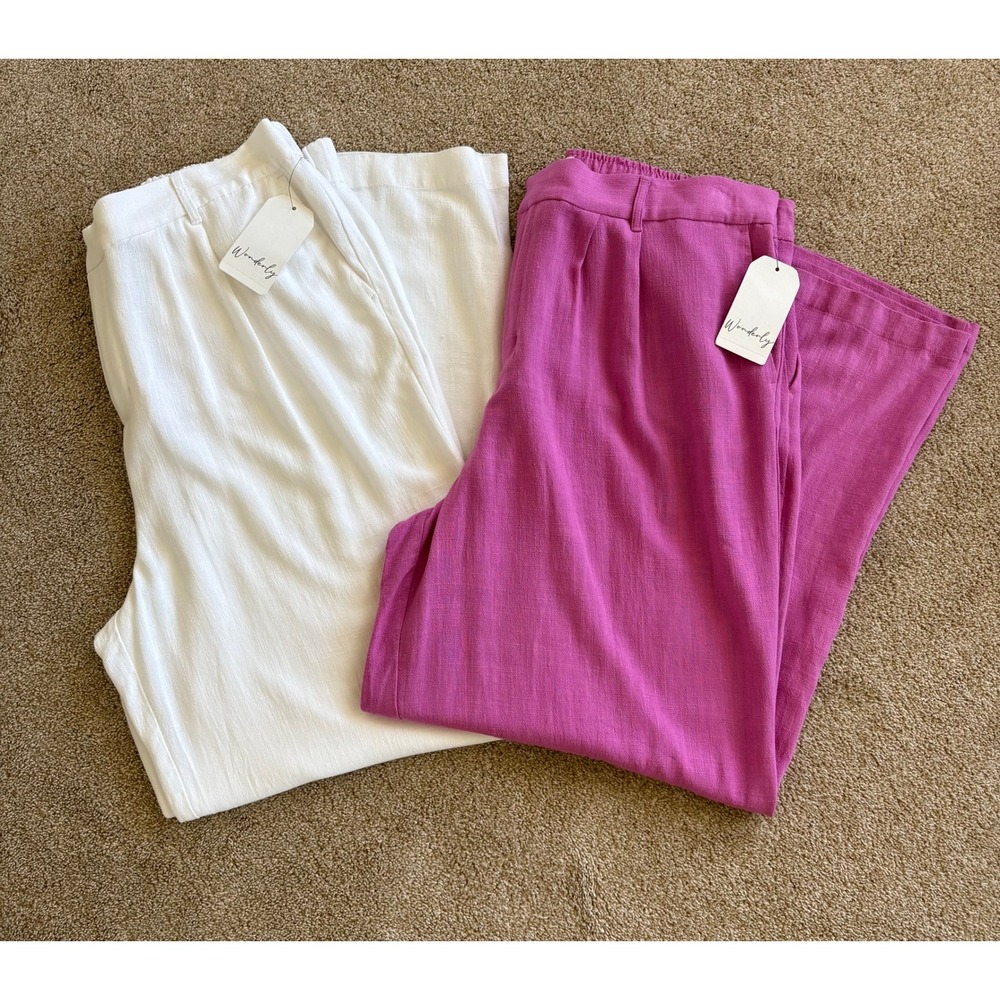 NWT Bundle Wonderly Women Pants 2X Magenta White Linen Blend Wide Leg High Rise